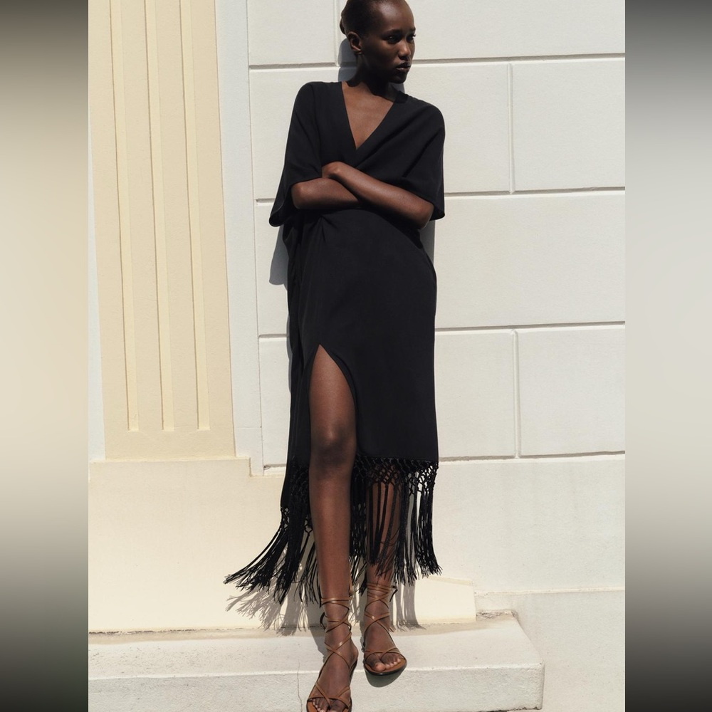 Zara limited edition linen blend fringed dress